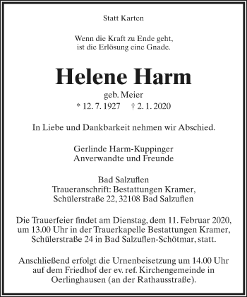 Anzeige  Helene Harm  Lippische Landes-Zeitung