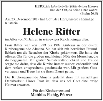 Anzeige  Helene Ritter  Lippische Landes-Zeitung