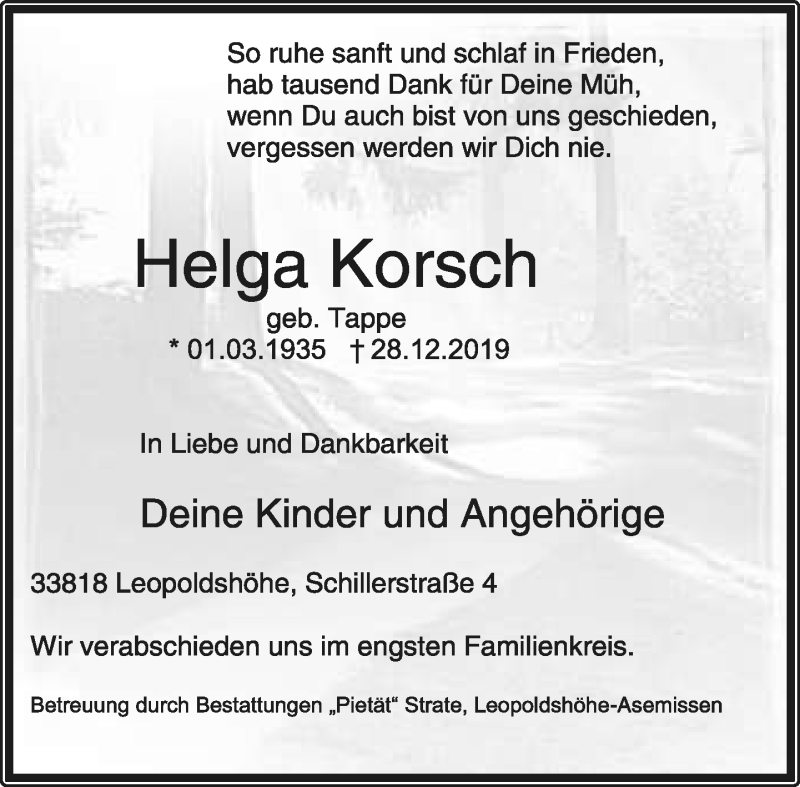  Traueranzeige für Helga Korsch vom 04.01.2020 aus Lippische Landes-Zeitung