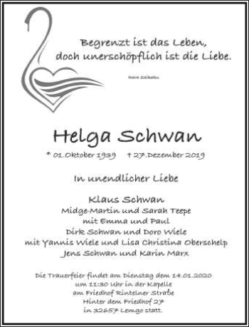 Anzeige  Helga Schwan  Lippische Landes-Zeitung
