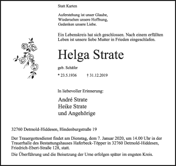 Anzeige  Helga Strate  Lippische Landes-Zeitung