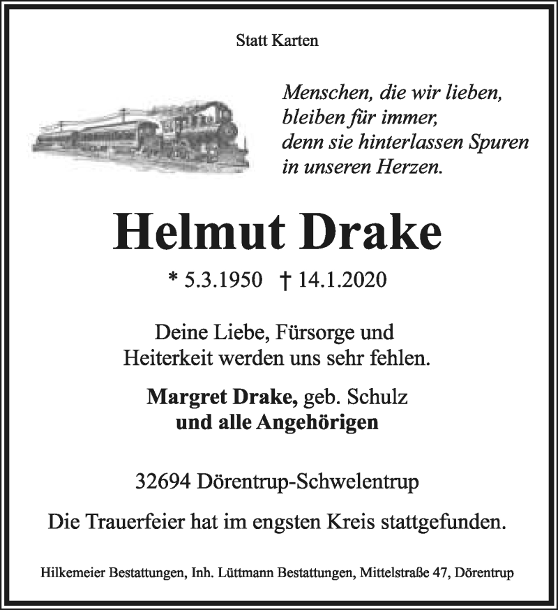  Traueranzeige für Helmut Drake vom 25.01.2020 aus Lippische Landes-Zeitung