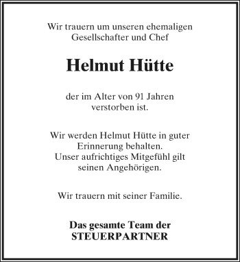 Anzeige  Helmut Hütte  Lippische Landes-Zeitung