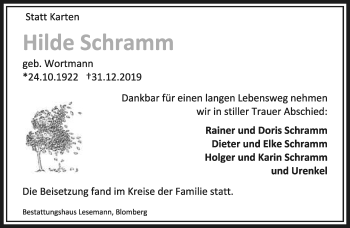 Anzeige  Hilde Schramm  Lippische Landes-Zeitung