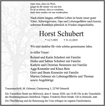 Anzeige  Horst Schubert  Lippische Landes-Zeitung