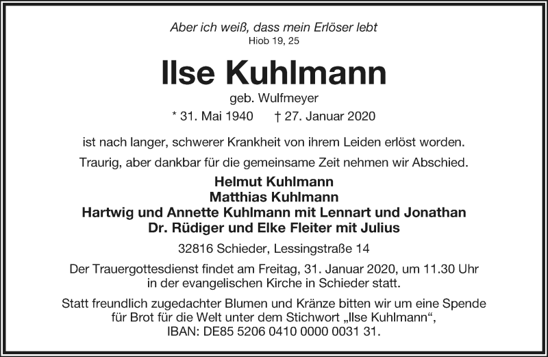  Traueranzeige für Ilse Kuhlmann vom 29.01.2020 aus Lippische Landes-Zeitung