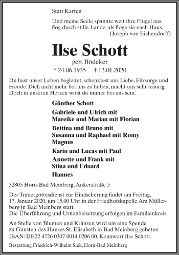 Anzeige  Ilse Schott  Lippische Landes-Zeitung