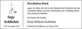 Anzeige  Inge Schlichte  Lippische Landes-Zeitung