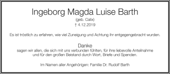 Anzeige  Ingeborg Magda Luise Barth  Lippische Landes-Zeitung