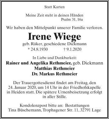 Anzeige  Irene Wiege  Lippische Landes-Zeitung