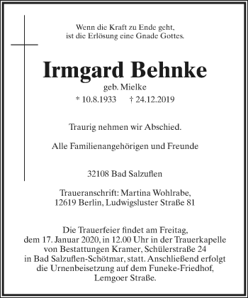 Anzeige  Irmgard Behnke  Lippische Landes-Zeitung