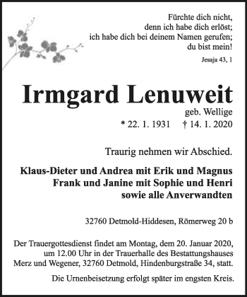 Anzeige  Irmgard Lenuweit  Lippische Landes-Zeitung
