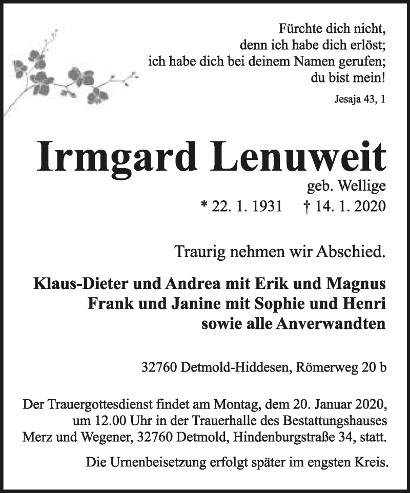  Traueranzeige für Irmgard Lenuweit vom 17.01.2020 aus Lippische Landes-Zeitung