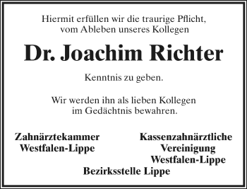 Anzeige  Joachim Richter  Lippische Landes-Zeitung