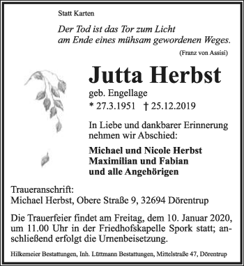 Anzeige  Jutta Herbst  Lippische Landes-Zeitung