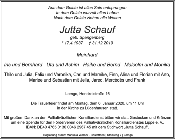 Anzeige  Jutta Schauf  Lippische Landes-Zeitung