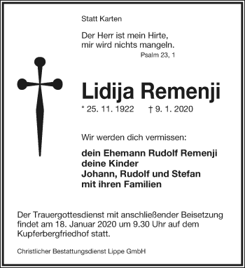 Anzeige  Lidija Remenji  Lippische Landes-Zeitung
