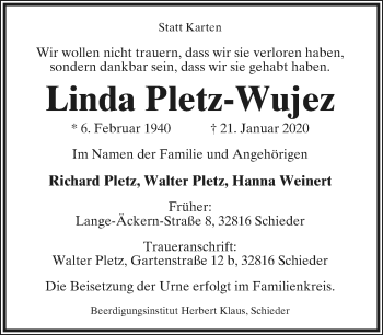 Anzeige  Linda Pletz-Wujez  Lippische Landes-Zeitung