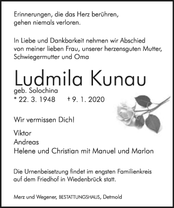 Anzeige  Ludmila Kunau  Lippische Landes-Zeitung