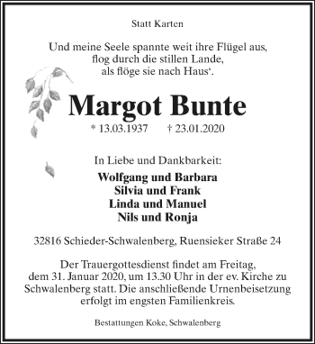 Anzeige  Margot Bunte  Lippische Landes-Zeitung