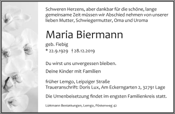 Anzeige  Maria Biermann  Lippische Landes-Zeitung