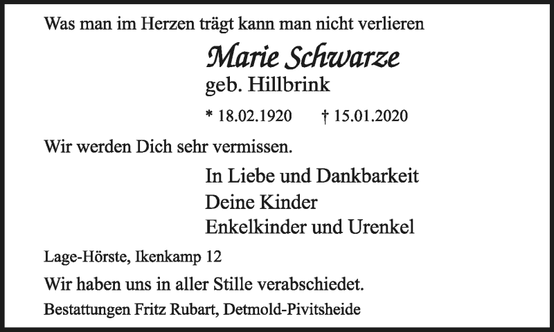 Traueranzeige für Marie Schwarze vom 25.01.2020 aus Lippische Landes-Zeitung