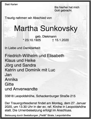 Anzeige  Martha Sunkovsky  Lippische Landes-Zeitung