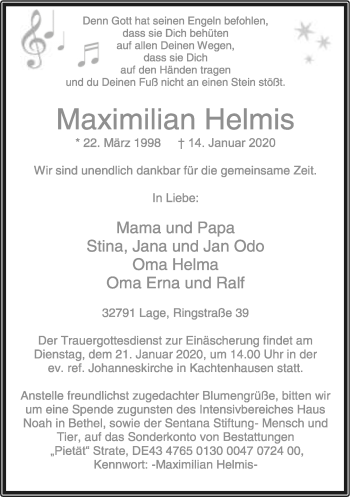 Anzeige  Maximilian Helmis  Lippische Landes-Zeitung