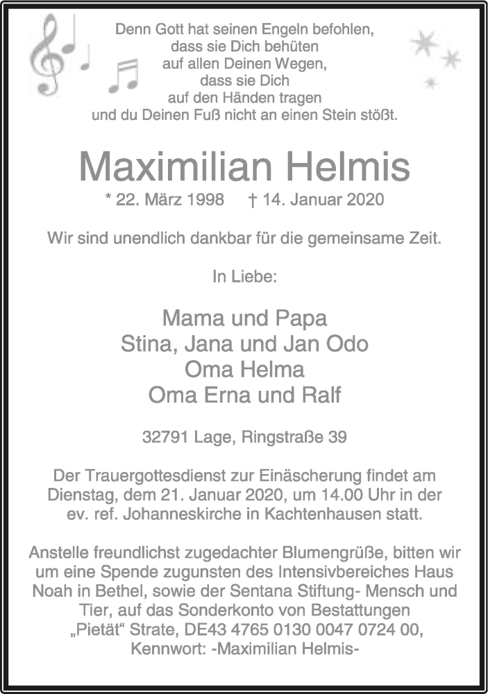  Traueranzeige für Maximilian Helmis vom 18.01.2020 aus Lippische Landes-Zeitung