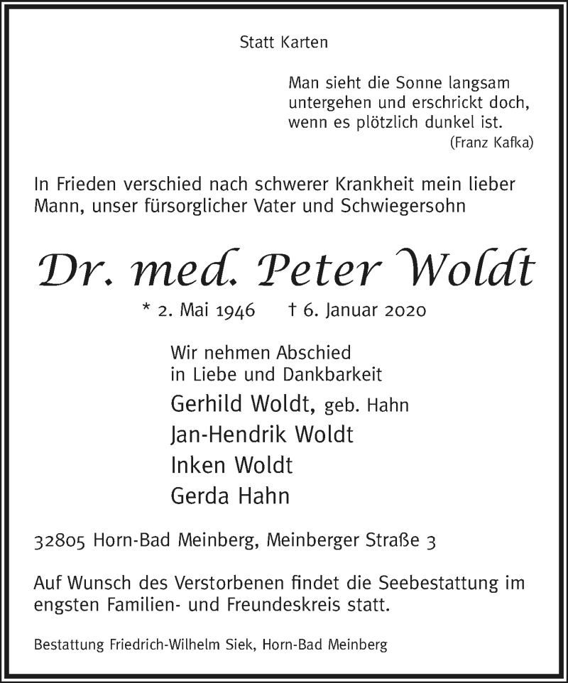  Traueranzeige für Peter Woldt vom 18.01.2020 aus Lippische Landes-Zeitung