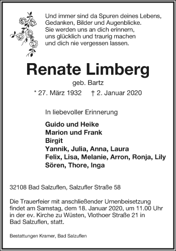 Anzeige  Renate Limberg  Lippische Landes-Zeitung