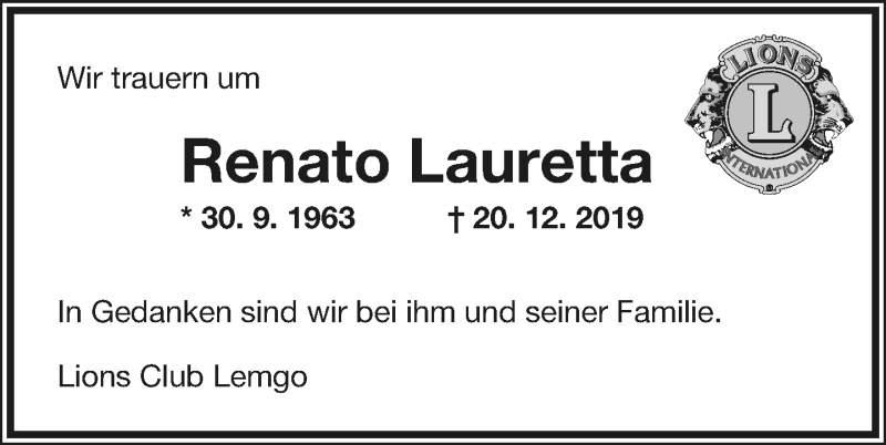  Traueranzeige für Renato Salvatore Lauretta vom 02.01.2020 aus Lippische Landes-Zeitung