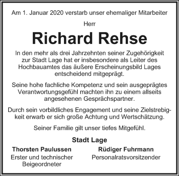 Anzeige  Richard Rehse  Lippische Landes-Zeitung