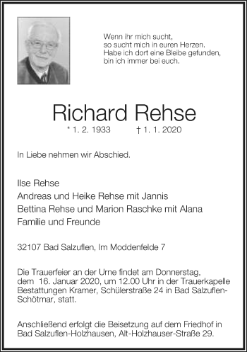 Anzeige  Richard Rehse  Lippische Landes-Zeitung