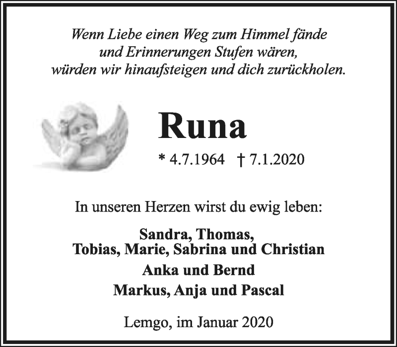  Traueranzeige für Runa Burdich vom 11.01.2020 aus Lippische Landes-Zeitung
