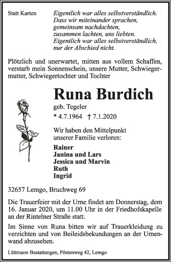 Anzeige  Runa Burdich  Lippische Landes-Zeitung