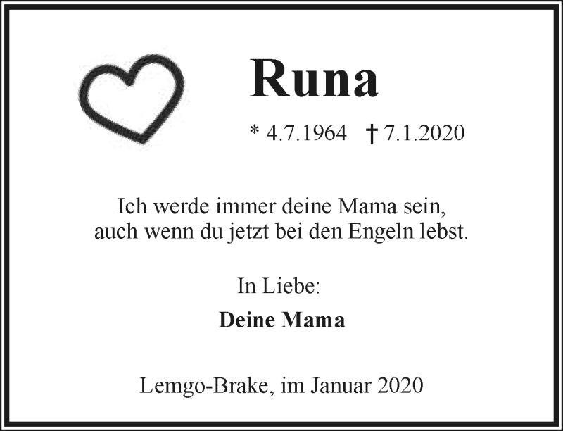  Traueranzeige für Runa Burdich vom 15.01.2020 aus Lippische Landes-Zeitung