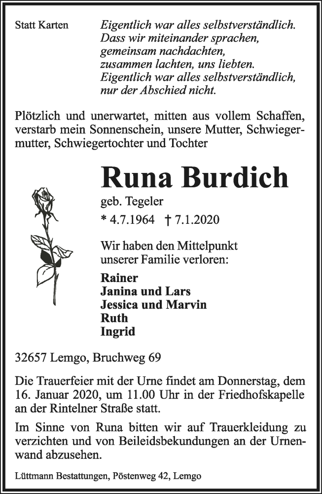  Traueranzeige für Runa Burdich vom 11.01.2020 aus Lippische Landes-Zeitung