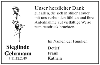 Anzeige  Sieglinde Gehrmann  Lippische Landes-Zeitung