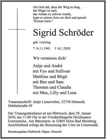 Anzeige  Sigrid Schröder  Lippische Landes-Zeitung