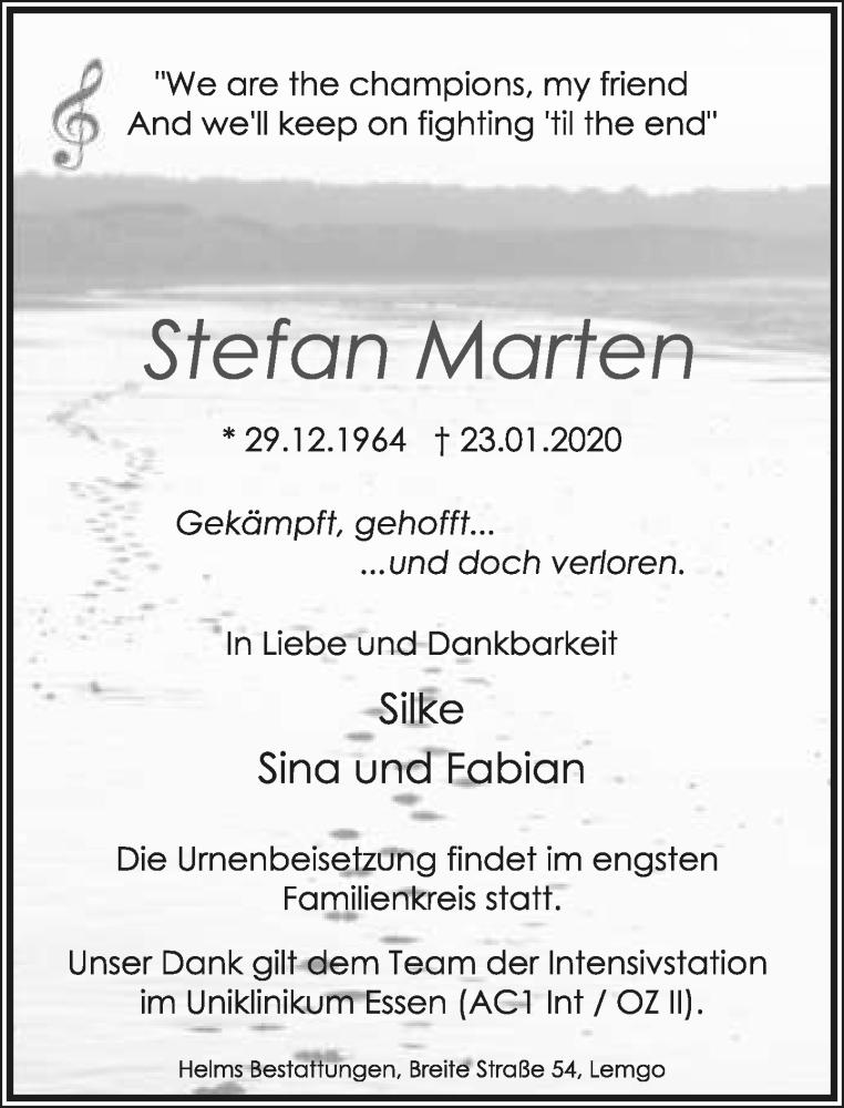  Traueranzeige für Stefan Marten vom 25.01.2020 aus Lippische Landes-Zeitung