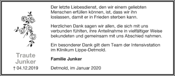 Anzeige  Traute Junker  Lippische Landes-Zeitung