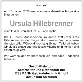Anzeige  Ursula Hillebrenner  Lippische Landes-Zeitung