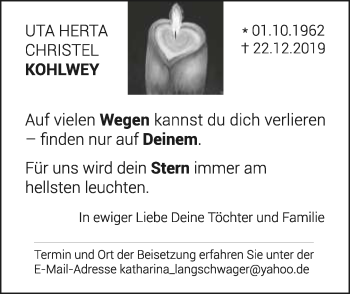 Anzeige  Uta Herta Christel Kohlwey  Lippische Landes-Zeitung