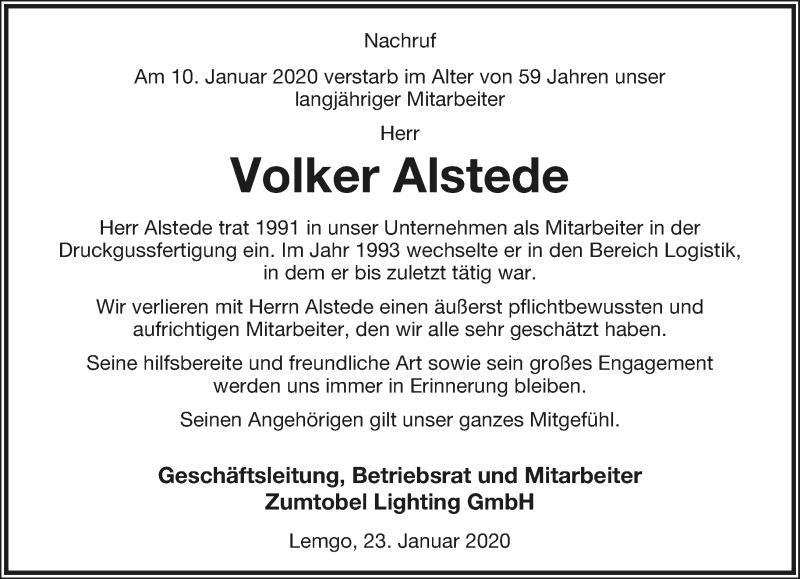  Traueranzeige für Volker Alstede vom 25.01.2020 aus Lippische Landes-Zeitung