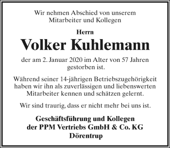 Anzeige  Volker Kuhlemann  Lippische Landes-Zeitung