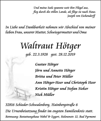 Anzeige  Waltraut Hötger  Lippische Landes-Zeitung