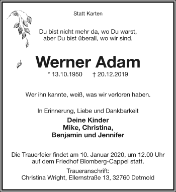 Anzeige  Werner Adam  Lippische Landes-Zeitung