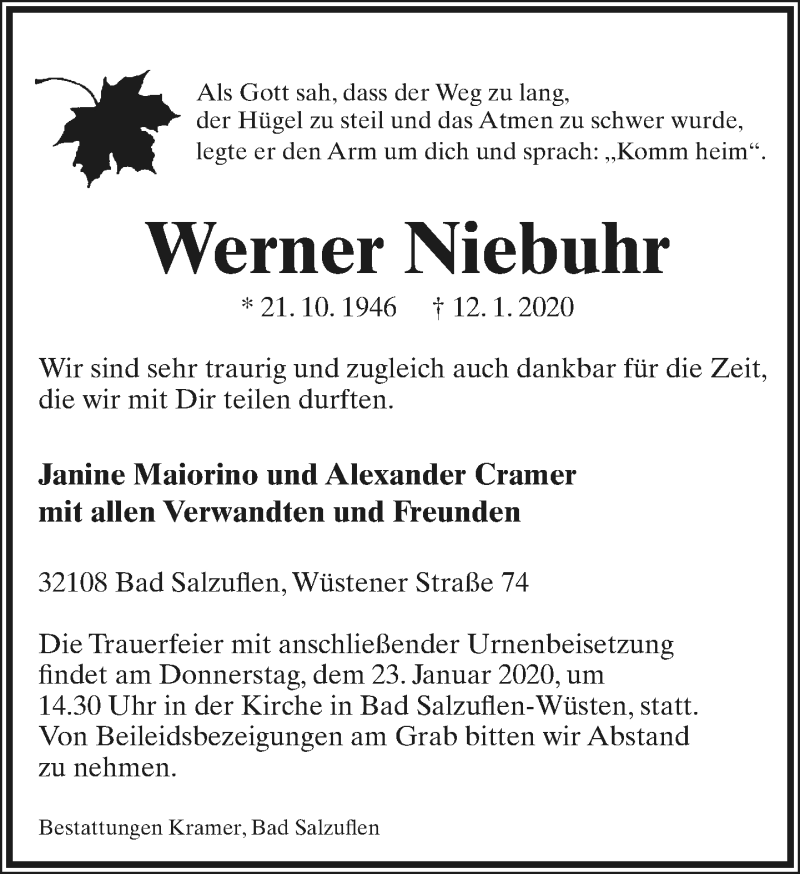  Traueranzeige für Werner Niebuhr vom 18.01.2020 aus Lippische Landes-Zeitung
