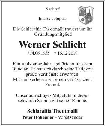 Anzeige  Werner Schlicht  Lippische Landes-Zeitung